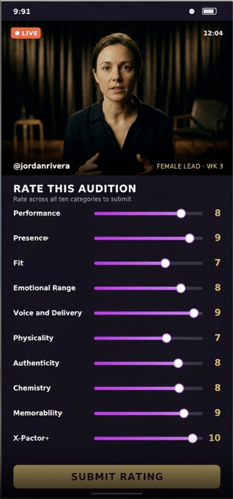 In the Gratwick app: a live audition by @jordanrivera (Female Lead, Week 3) scored by the audience across ten categories with a Submit Rating button.